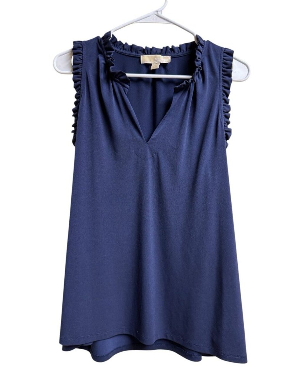 Michael Kors Womens Blouse XL Navy Sleeveless Ruffle V Neck Stretch - Picture 2 of 5